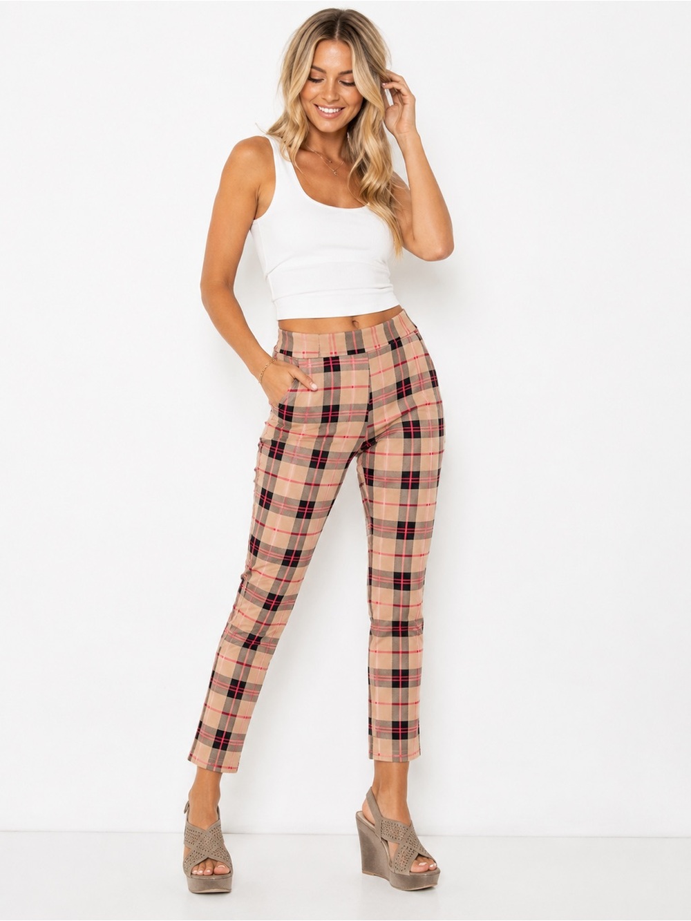 NY & Co Plaid Skinny Pants XS Petite Beige Pink Black Stretch Ankle Pants